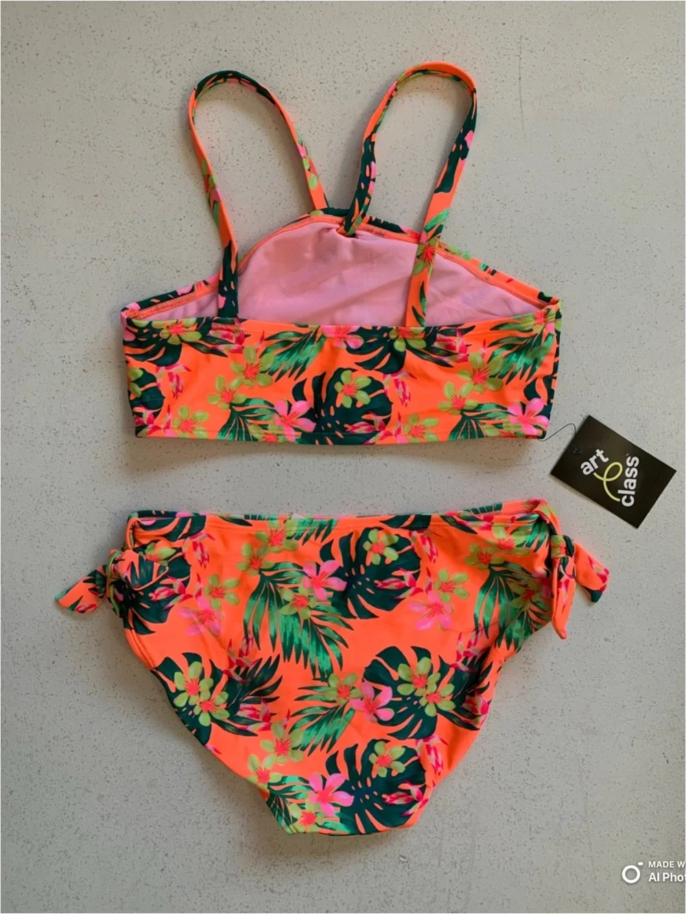 Art Class Girls Neon Orange Tropical Floral Bikini Set Size XL NWT Beach